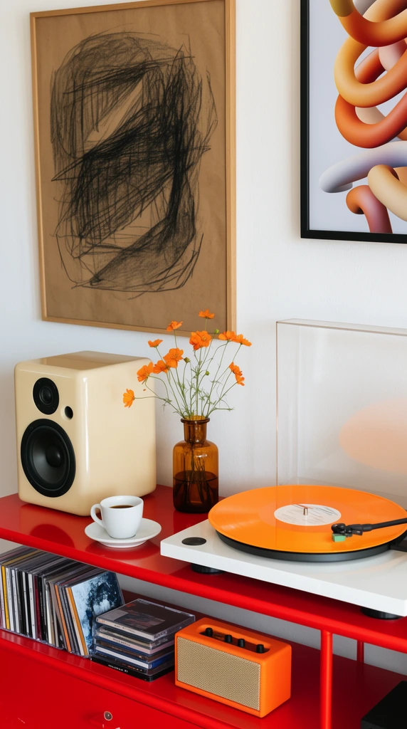 vibrant red metal console table against a white wall, vertical white turntable playing a bright orange vinyl record, glossy cream bookshelf speaker, amber glass vase with delicate orange wildflowers, white espresso cup, framed abstract charcoal sketch on brown paper, partial framed print of tubular 3D shapes, lower shelf with stacked CDs and a miniature orange retro speaker box, vibrant color blocking, eclectic modern interior, soft natural indoor lighting