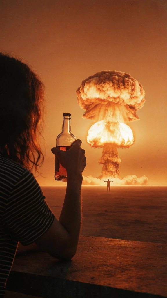 A person sits in the left foreground, seen from a side-back profile, wearing a dark shirt with horizontal white stripes and dark, wavy hair that obscures their face. Their right arm is raised, with their hand gripping a clear glass bottle partially filled with a golden liquid, positioned towards the center-right of the frame. In the distant background, a massive mushroom cloud towers over the landscape, its rounded top billowing with thick, textured smoke and glowing with an intense orange light from an internal fireball. A dense column of dark smoke connects the cap to a chaotic base of roiling white and gray smoke on the horizon. Directly beneath the center of the explosion's stem, a tiny silhouette of a person stands on the flat, distant ground with their arms outstretched. The entire scene is bathed in a warm, sepia-toned light, dominated by shades of orange, deep brown, and black, with the explosion serving as the primary backlight that leaves the foreground figure in deep shadow. The image has a grainy, cinematic quality with a shallow depth of field, where the foreground surface and the bottle are relatively sharp compared to the hazy, dust-filled sky in the background. The foreground elements rest on a dark, flat, textured surface that extends to a sharp horizon line.
