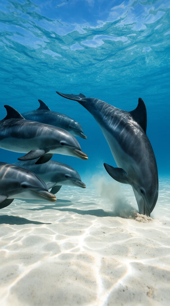 Four dolphins swim over a sandy seabed in clear blue water. One dolphin on the far right dives headfirst, burying its snout into the white sand, creating a small cloud of sediment. The other three dolphins swim horizontally nearby, observing the foraging behavior. Sunlight filters through the surface, casting a bright, rippling pattern across the ocean floor.