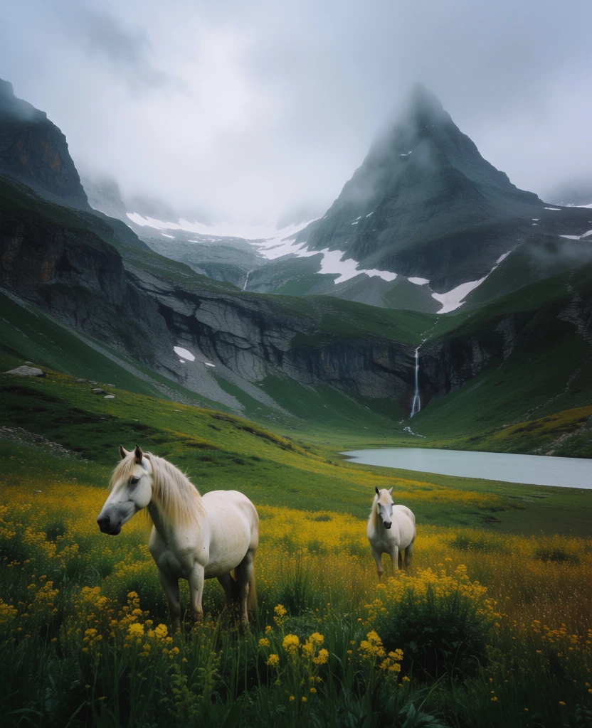 A moody alpine landscape photograph shows two pale horses standing quietly in a meadow of yellow wildflowers beneath steep, mist-draped mountains. photographic landscape, fine art nature photography, cinematic realism, Scandinavian highland mood, pastoral wilderness, serene, melancholic, atmospheric, naturalistic, high visual depth, medium-high detail, visually adjacent to photographers like Ragnar Axelsson, Jimmy Chin’s quieter landscape work, and Alex Nail, muted earth tones, mossy greens, slate gray, fog blue, soft white, touches of butter yellow, diffused overcast light, low contrast highlights, rich midtone separation, subdued saturation, likely shot with a telephoto or short telephoto lens, shallow-to-moderate depth of field in foreground flowers, no obvious digital artifacts, slight atmospheric haze softening distant peaks. In the lower foreground, especially across the bottom edge and bottom right corner, dense out-of-focus yellow flowers and green stems create a soft blurred frame. Just above them, filling the lower third, a lush meadow spreads across the image, packed with yellow blossoms, grasses, and a few reddish-brown vertical seed heads. Slightly left of center stands the nearer horse, larger in scale, a light gray or white horse facing forward with its head angled a little left; its long pale mane hangs down the right side of its neck, and its body is fully visible from head to hooves among the flowers. To the right of it, near the center-right lower third, a second white horse stands farther back, smaller due to distance, also facing toward the camera with a calm, attentive posture. Behind them, the valley floor opens wide and gently curves inward, carpeted with green vegetation. In the mid-right distance sits a narrow, pale gray-blue lake, horizontal and partially hidden by the land. At the far right edge, a thin white waterfall descends the hillside. The background is dominated by two massive rocky mountain forms: a darker sharp triangular ridge rises on the right, while a taller, more distant crag stands behind and slightly left of it, its top partly swallowed by fog. Small patches of old snow cling to ledges on the left and center slopes. The entire sky is a smooth blanket of gray cloud and mist, pressing low over the peaks and softening the scene into a cool, hushed atmosphere.
