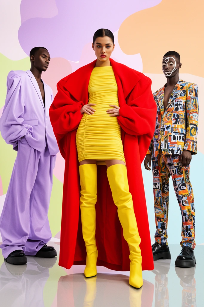 three avant-garde fashion models on glossy floor against pastel shape background, central woman in yellow ruched dress oversized red coat and thigh-high yellow boots, left man in baggy lavender suit, right man in patterned suit with white face paint, vibrant color blocking, low angle studio photography