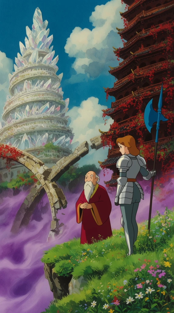 An elderly scholar in a crimson robe and a female warrior in silver plate armor stand on a lush grassy precipice dotted with wildflowers. The warrior holds a blue halberd, looking down into a canyon filled with swirling purple mist. Beside them rise immense spiraling pagodas of white crystal and mahogany, overgrown with red vines. A shattered stone aqueduct curves over the abyss toward a vivid blue sky with fluffy cumulus clouds. The scene is rendered in a vintage cel-shaded animation aesthetic with lush, hand-painted watercolor-style backgrounds and soft atmospheric lighting.