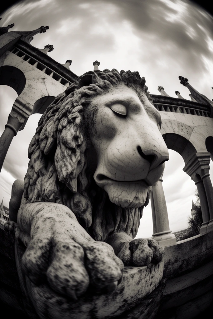 Monochrome Fisheye Monumentalism style AI image example 3
