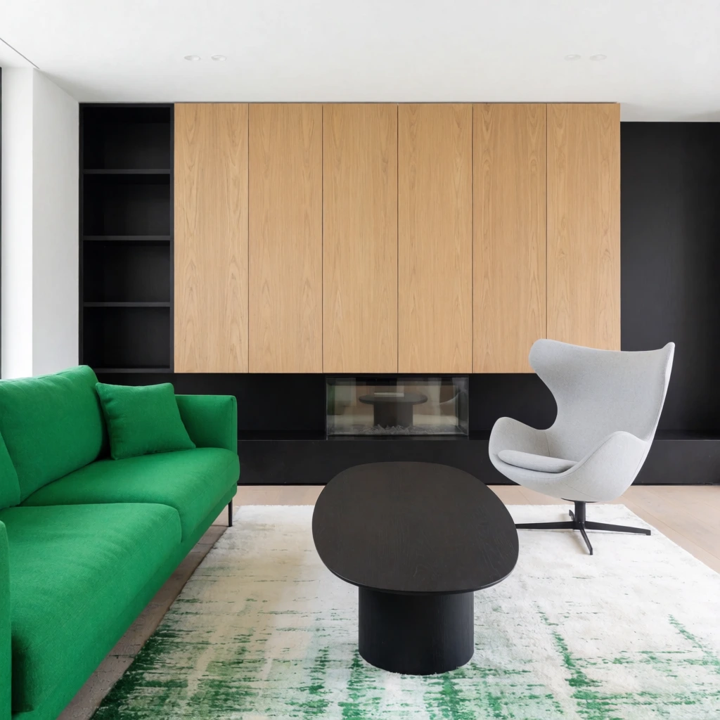A modern minimalist living room features a vibrant green fabric sofa and a pale gray winged lounge chair beside a matte black oval coffee table. An off-white rug with abstract green streaks grounds the space. The back wall showcases vertical light oak cabinets above black open shelving and a sleek glass fireplace, illuminated by bright even lighting.