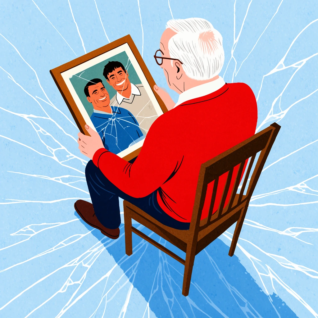 older man in red sweater seated on wooden chair, viewed from high angle behind, holding framed photograph of two smiling men, cracked glass on picture frame, light blue ground with radiating white lines resembling shattered ice, conceptual editorial illustration, flat colors, stippled texture, dramatic overhead perspective