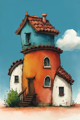 Whimsical Storybook Geometry style reference image — crooked asymmetrical architecture