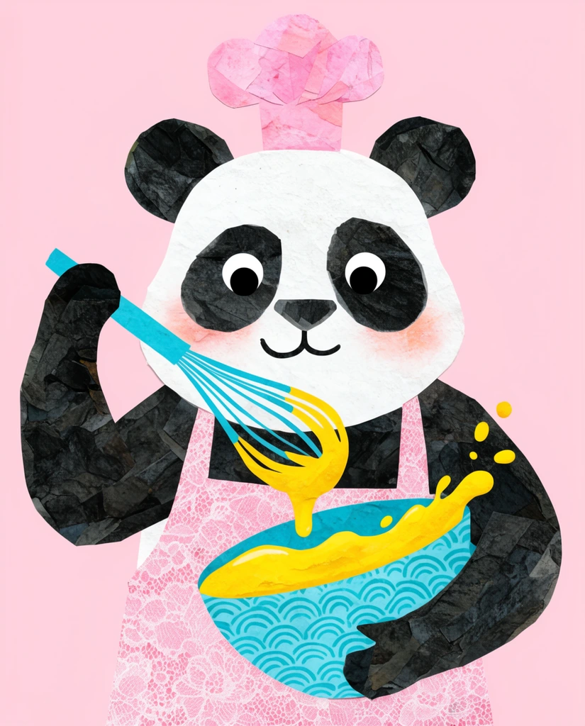 whimsical cartoon panda baking, digital collage with tactile paper textures, solid light pink background, wearing a tiny pink chef hat and pink lace apron, right paw holds a cyan whisk dripping bright yellow batter, left paw holds a cyan wave-patterned bowl splashing yellow batter, focused expression, vibrant children's book illustration