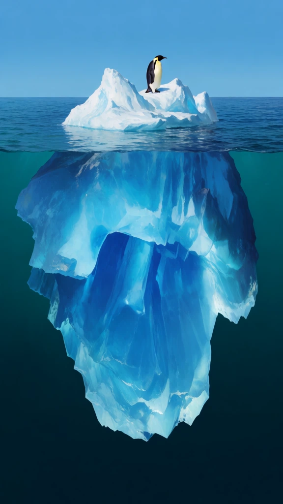 Professional nature photography, a massive iceberg floating in the open ocean, with the height of the submerged underwater portion being exactly 6 times the height of the visible tip above water. A single emperor penguin stands on the small, jagged white ice tip. The enormous underwater portion is a translucent, deep blue with intricate, jagged ice formations. The water surface is calm with subtle ripples, and the sky is a clear, gradient blue. Shot with a medium format camera, 8K resolution, hyper-detailed, cinematic lighting, shallow depth of field, photorealistic.