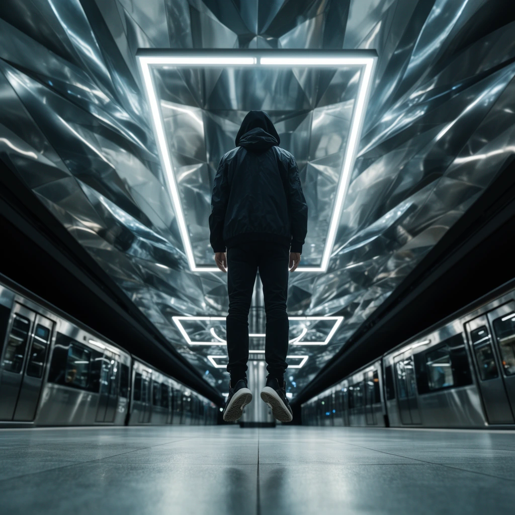 person levitating mid-air in a sleek futuristic subway station, dark hooded jacket and pants, highly symmetrical low-angle wide shot, prominent angular metallic faceted ceiling reflecting stark cool white light, glowing rectangular LED frames, smooth tiled floor with leading lines converging on the silhouette, shadowed train cars on lateral tracks, cinematic high-contrast lighting, cyberpunk urban photography, polished sci-fi aesthetic