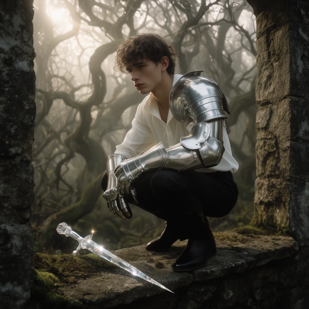 young man crouching in a rough stone window frame, silver plate armor gauntlets and pauldron over a white shirt, contemplative expression, sparkling crystal stiletto resting on the mossy stone ledge in the foreground, dense twisted forest background, gnarled branches, thick ethereal fog, soft diffused sunlight piercing the mist, dark fantasy high-fashion photography, muted earthy tones, cinematic lighting, shallow depth of field