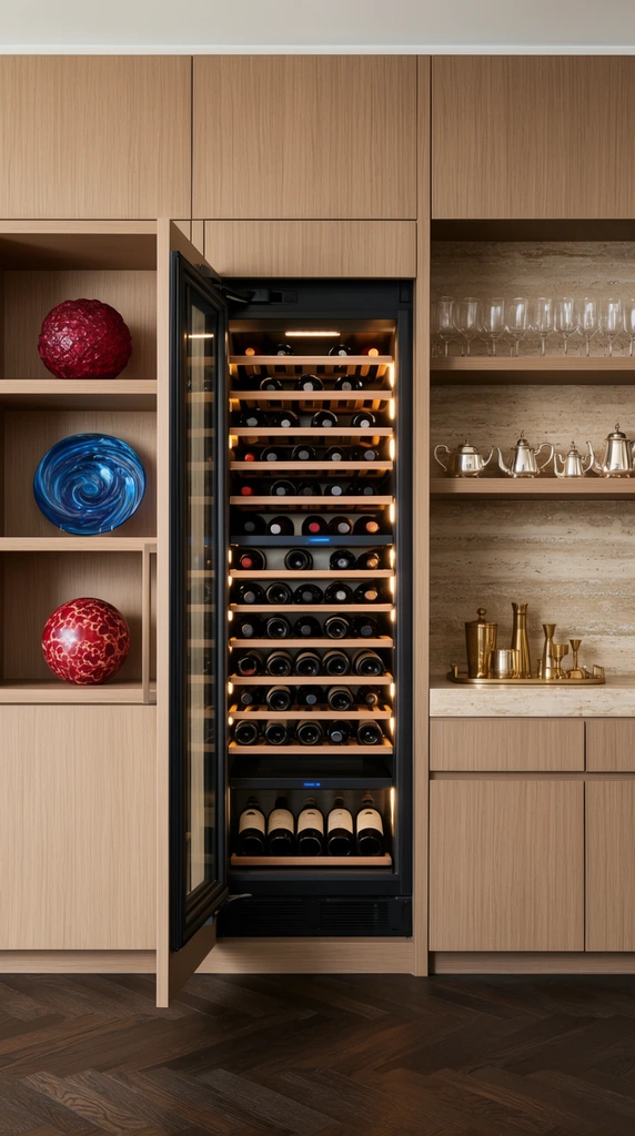 A built-in modern wine refrigerator with an open door reveals illuminated wooden racks filled with dark glass bottles, seamlessly integrated into flat-panel light oak cabinetry. The central cooler is flanked on the left by open shelving displaying a textured crimson orb, a swirling blue glass plate, and a patterned red sphere. To the right, a home bar area features a beige stone backsplash, wooden shelves lined with clear stemware and a silver tea set, and a stone counter holding brass barware. The luxurious scene rests on a dark herringbone wood floor, captured in sharp, straight-on interior photography with warm, balanced lighting highlighting the diverse material textures.