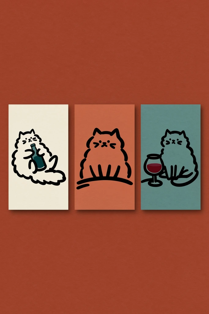 Three vertical rectangular cards arranged side-by-side against a textured terracotta background, each casting a subtle drop shadow. The panels feature playful abstract thick black brushstroke illustrations of whimsical cats in a modern minimalist graphic design style. The leftmost card has a cream background depicting a reclining fluffy cat cradling a dark teal bottle. The center card has a terracotta background displaying a front-facing chubby cat sitting behind a curved surface. The rightmost card features a muted teal background showing a seated cat resting beside a stylized goblet filled with deep red liquid. The illustrations use sparse flowing ink lines with rounded ends creating a cohesive lighthearted visual series with a subtle matte paper texture.