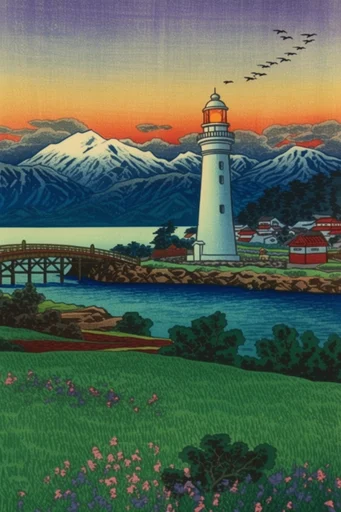 Nostalgic Woodblock Landscapes style reference image — atmospheric vintage landscape