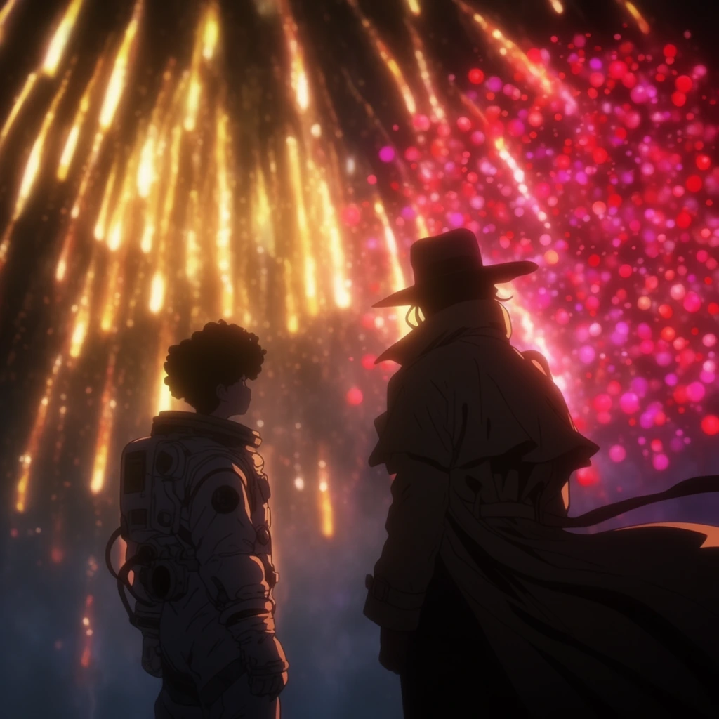 two silhouetted figures facing each other, tall figure on the right in a wide-brimmed hat and billowing trench coat, shorter figure on the left with short curly hair wearing a bulky spacesuit, dark night sky illuminated by massive glowing fireworks, bright golden streaks cascading on the left, spherical magenta and red particles bursting on the right, intense backlighting, atmospheric haze, glowing bloom, cinematic 2d anime art style
