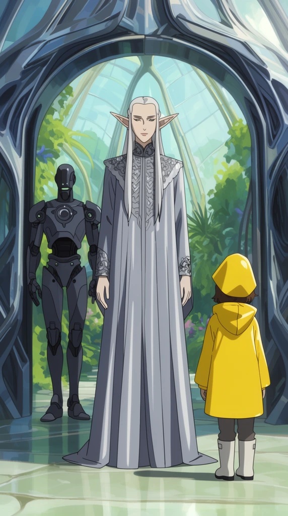 Tall elven diplomat in silver robes, futuristic metallic archway, robotic guard behind, bright glass conservatory, child in yellow raincoat, 2D animation