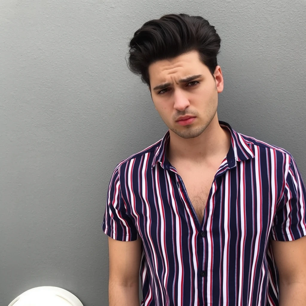 A medium shot captures a young man with dark, voluminous hair, swept back with a slight wave, standing against a plain, textured gray wall. He has a fair complexion, dark eyes, and a hint of facial hair along his jawline. His expression is serious, with his brow slightly furrowed. He wears a short-sleeved button-down shirt featuring vertical stripes in navy blue, white, and red. The shirt is partially unbuttoned at the top, revealing a small portion of his chest. The lighting is soft and even, highlighting the texture of the wall and the fabric of his shirt. The composition places him slightly off-center to the right, leaving a broad expanse of the gray background visible to the left. A small, indistinct white circular object is partially visible at the bottom left corner.