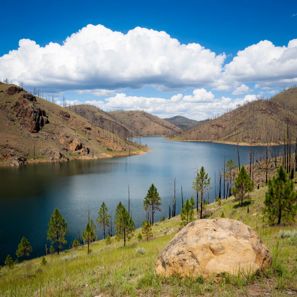 A deep blue reservoir winds through rugged brown hills under an azure sky with large white clouds. A tan boulder anchors the grassy, pine-dotted foreground. The calm water mirrors the sky, bordered by slopes featuring rocky outcrops and charred tree snags, captured in a vivid, high-angle wide landscape photograph.