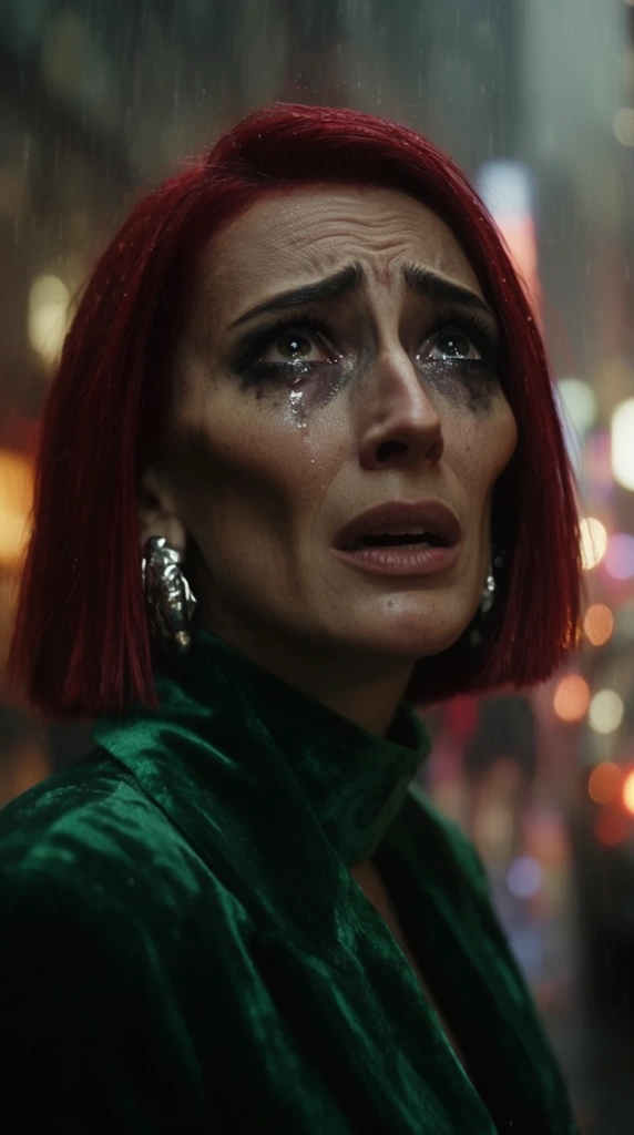 A close-up cinematic portrait of a distressed woman looking upward with tear-filled eyes and a slightly open mouth. She features sharp angular cheekbones, an aquiline nose, and short straight crimson-red hair. Her dark eye makeup is heavily smeared. She wears a high-collared emerald green velvet jacket and chunky silver earrings. The softly blurred background displays glowing, colorful bokeh lights of a rainy city street, captured with moody dramatic lighting and a shallow depth of field.