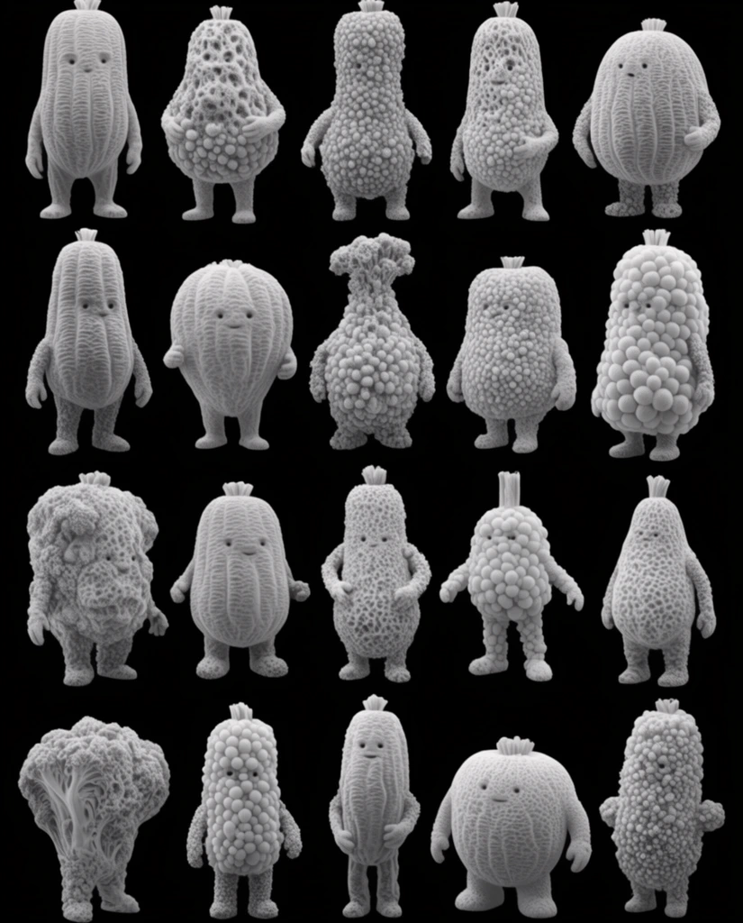 Twenty-one anthropomorphic root vegetable characters in various poses arranged in rows, rendered in a high-contrast, monochromatic grayscale color palette isolated against a stark, pitch-black background. Every surface of the characters consists of meticulously detailed, microscopic textures, featuring dense clusters of bead-like nodules, continuous ribbed striations, and porous, coral-like organic patterns. Soft, diffuse lighting illuminates the matte forms, casting deep, precise micro-shadows into the intricate crevices and emphasizing the complex three-dimensional topography of the characters. Crisp, sharply defined silhouettes separate the deeply textured figures from the surrounding dark void, creating an aesthetic identical to high-resolution scanning electron microscopy and scientific structural visualization.