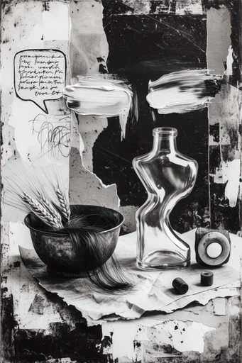 Distressed Monochrome Surrealism style reference image — heavy film grain