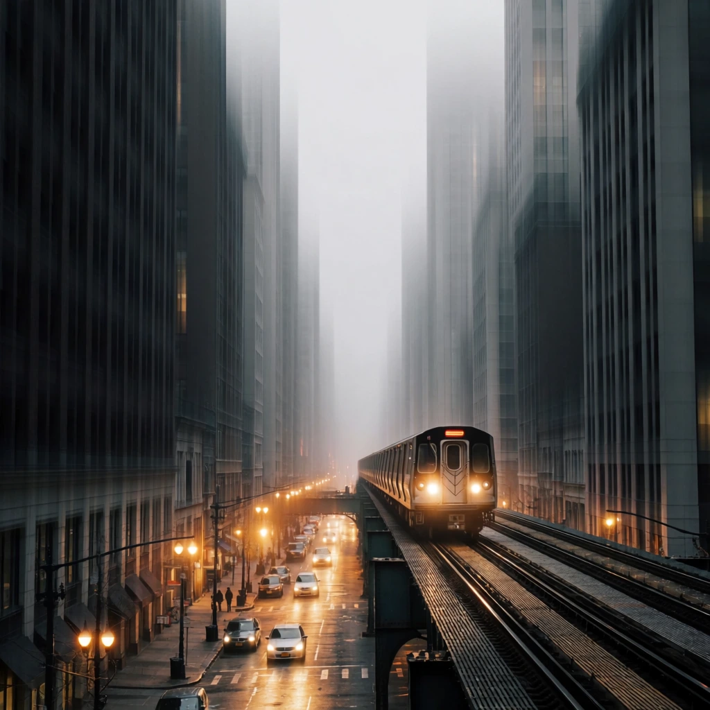 An elevated train with bright headlights travels along a track above a foggy city street. The towering buildings flanking the street are heavily distorted by a dramatic vertical motion blur, transforming into long, vertical streaks of gray and black. Below, a wet road glows with warm orange light from streetlamps, illuminating several cars and small pedestrian silhouettes. The sharp focus on the train and lower street contrasts starkly with the surreal, vertically smeared architecture.