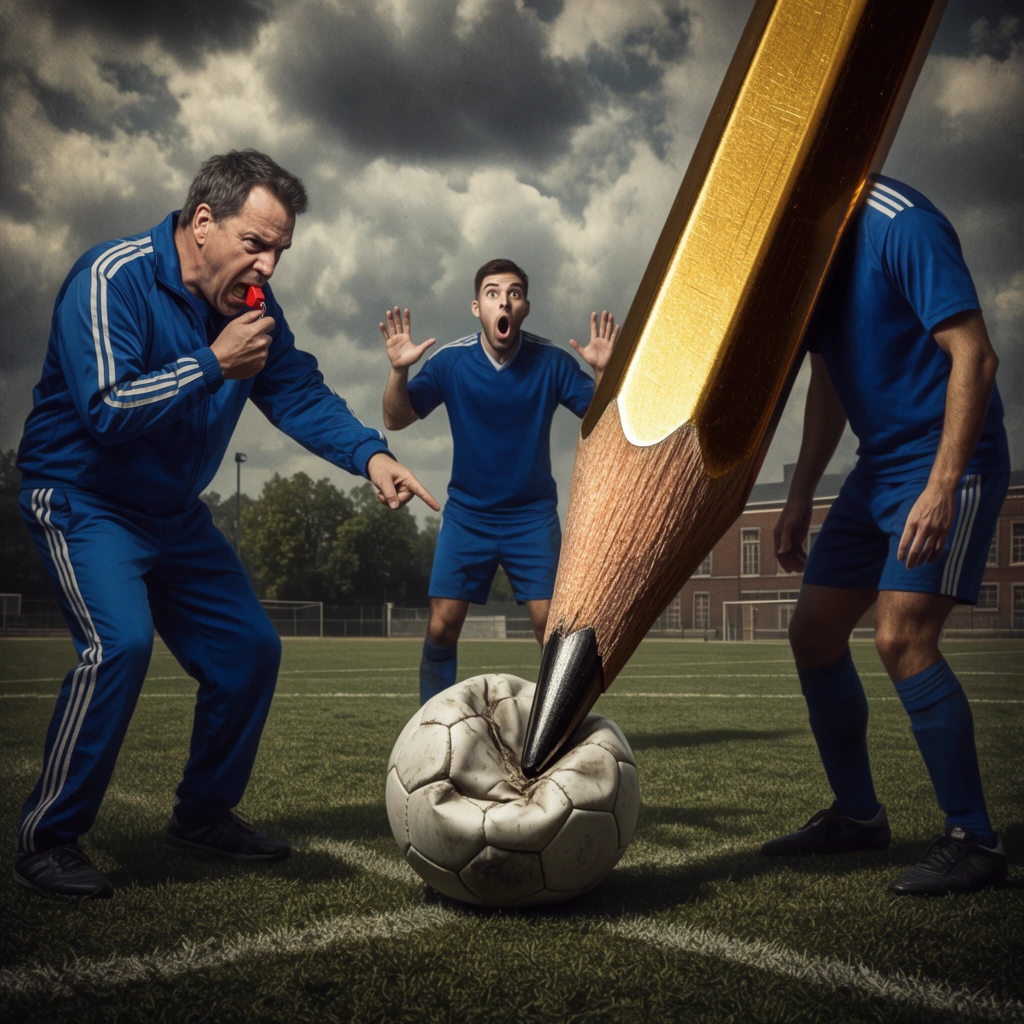 A surreal photorealistic composite on a sports field under a dramatic cloudy sky. An intense man in a blue tracksuit blows a red whistle and points aggressively toward a player in a matching blue uniform. A massive metallic golden pencil tip protrudes directly from this player's collar, acting as a head. The sharp golden point forcefully strikes a crushed soccer ball, deeply denting its surface. In the background, a third player in blue raises his hands in an expression of vivid shock. High-contrast, gritty lighting casts deep shadows, emphasizing the bizarre interaction against a distant brick building and green trees.