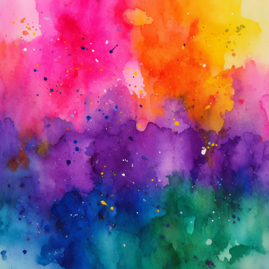 A vibrant, abstract watercolor painting featuring a fluid blend of highly saturated colors. The upper area bursts with vivid magenta, hot pink, fiery orange, and bright yellow washes bleeding seamlessly together. The center transitions into deep violet and rich purple hues, flowing downward into dark cobalt blue, teal, and emerald green. Executed with a wet-on-wet technique, the composition displays soft, blooming edges and irregular shapes where liquid pigments pool and mix. The entire surface is scattered with delicate splatters, flecks, and small droplets of paint in varying sizes, including crisp white, yellow, and dark blue speckles, adding a dynamic, textured overlay to the translucent, vividly pigmented surface.