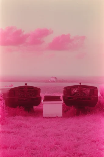 Surreal Infrared Americana style reference image — monochromatic pink lighting