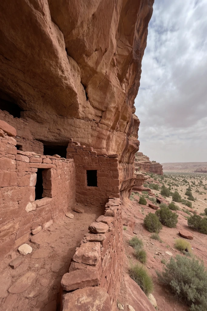 A massive red sandstone cliff houses ancient masonry dwellings built into a natural alcove. Weathered terracotta rock overhangs stacked stone walls featuring dark, rectangular openings. A vast arid landscape dotted with green shrubs extends into the background under a cloudy gray sky. Natural daylight photography highlighting rugged geological textures and earthy tones.