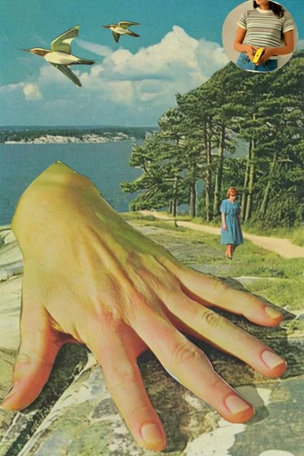 Nostalgic Surrealist Collage style reference image — vintage halftone texture