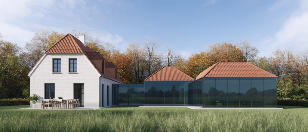 A photorealistic architectural visualization of a traditional white brick house connected to contemporary glass extensions. The classic left building features a terracotta gable roof, dark windows, and a patio dining set. Extending to the right, sleek floor-to-ceiling tinted glass structures are unified by matching terracotta roofs. Tall green grass dominates the foreground. A backdrop of autumn-hued trees sits beneath a bright blue, lightly clouded sky. Crisp daylight highlights the elegant contrast between classic solid masonry and modern architectural transparency.
