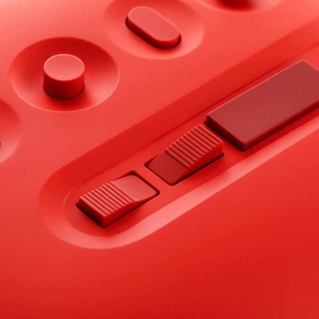 A close-up macro photograph captures the interface of a matte red plastic electronic device. Smooth, shallow depressions gracefully surround protruding cylindrical and pill-shaped buttons. A recessed track holds two rectangular sliding switches with ribbed tactile grips next to a dark red rectangular block. Soft, diffused lighting highlights the finely textured, monochromatic vibrant red surface, emphasizing the seamless minimalist industrial design from an angled top-down perspective.