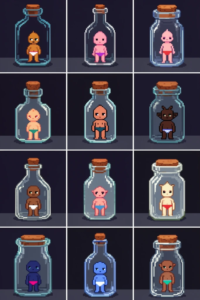 12-panel grid of retro pixel art, diverse small humanoid creatures trapped inside clear glass bottles and jars, varied skin tones and underwear, dark backgrounds