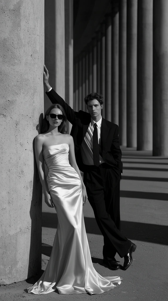 Black and white fashion photography, elegant couple posing at massive concrete pillar, woman in strapless satin gown and sunglasses, man in dark suit leaning with arm raised, towering colonnade with repeating columns fading into deep perspective, hard sunlight, dramatic shadows, high contrast editorial style