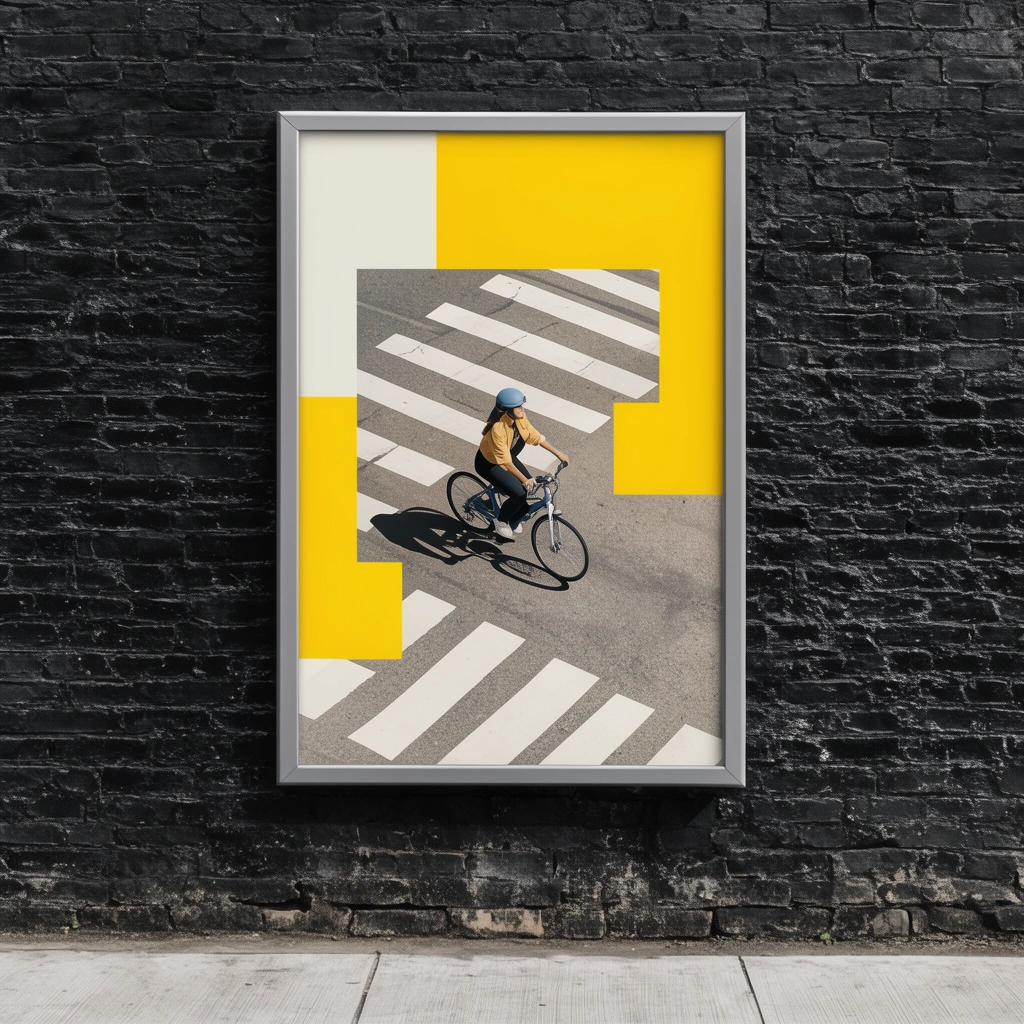 A rectangular framed billboard on a textured black brick wall above a concrete sidewalk. The modern graphic poster displays an aerial photo of a cyclist on a crosswalk, heavily accented by bright yellow and off-white geometric color blocks splitting the composition.