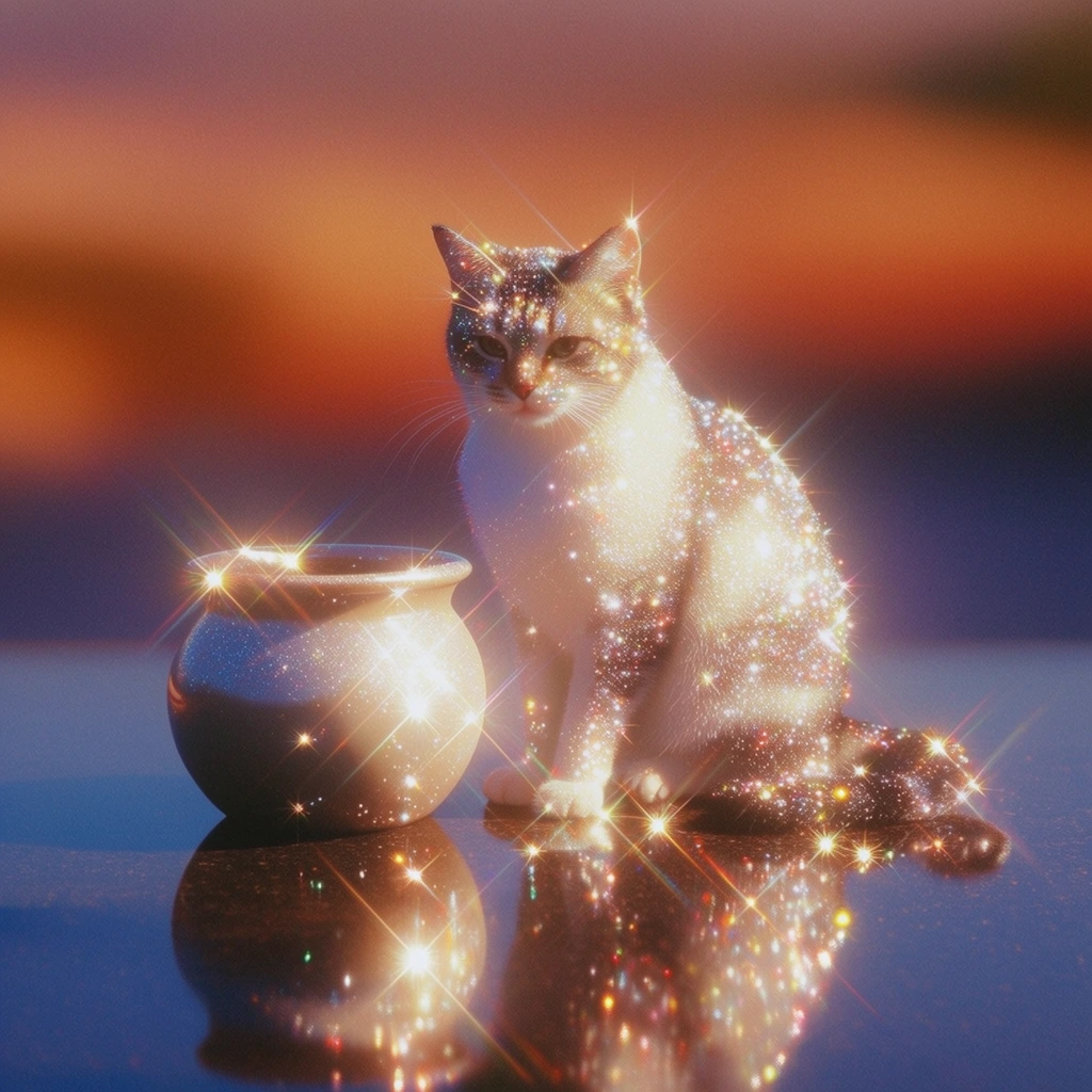 A cat seated next to a smooth pot, rendered in a hyper-glamorous, nostalgic bling aesthetic saturated with excessive, brilliant star-burst lens flares. The feline and the rounded pot rest on a dark, mirror-like polished surface that flawlessly reflects their silhouettes and the intense lighting. The environment is bathed in a dreamy, ethereal luminosity, where every specular highlight along the cat's form, the curved rim of the pot, and the glossy ground erupts into piercing, multi-pointed starlight sparkles. Behind the subjects, a shallow depth-of-field heavily blurs the background into a smooth, airbrushed gradient of warm burnt orange, glowing peach, and deep violet, evoking a highly stylized sunset. The visual treatment combines glossy realism with an over-the-top, cross-screen sparkle filter effect, layering a soft, diffused atmospheric haze beneath blindingly sharp, magical glints of light.