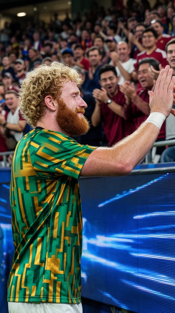 A male athlete with a thick red beard and curly blonde hair extends his right arm to high-five an unseen person. Viewed in profile from the chest up, he wears a short-sleeved jersey featuring a striking geometric pattern of emerald green and bright gold, complemented by white athletic tape wrapped around his right wrist. He displays a subtle, exhausted smile. Behind him, a brightly illuminated blue stadium barrier with abstract white horizontal light streaks separates the pitch from a tightly packed crowd. The spectators, rendered soft and blurry by a shallow depth of field, are actively cheering and clapping while dressed in casual athletic wear in varied shades of crimson, navy, and white. The scene is captured with telephoto sports photography, utilizing harsh overhead stadium floodlights that create sharp specular highlights on the athlete's skin and the synthetic fabric of his uniform.
