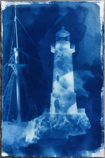 Ethereal Cyanotype Botanical style reference image — hand-brushed emulsion borders