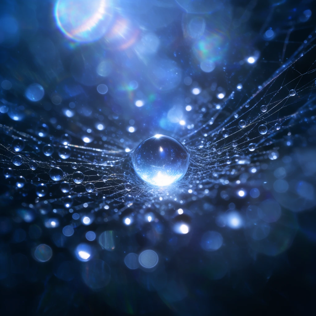 extreme macro dew-covered spider web, glowing central spherical water droplet, radiating silk threads, heavy circular bokeh, bright lens flares, cool deep blue tones, ethereal cosmic illumination