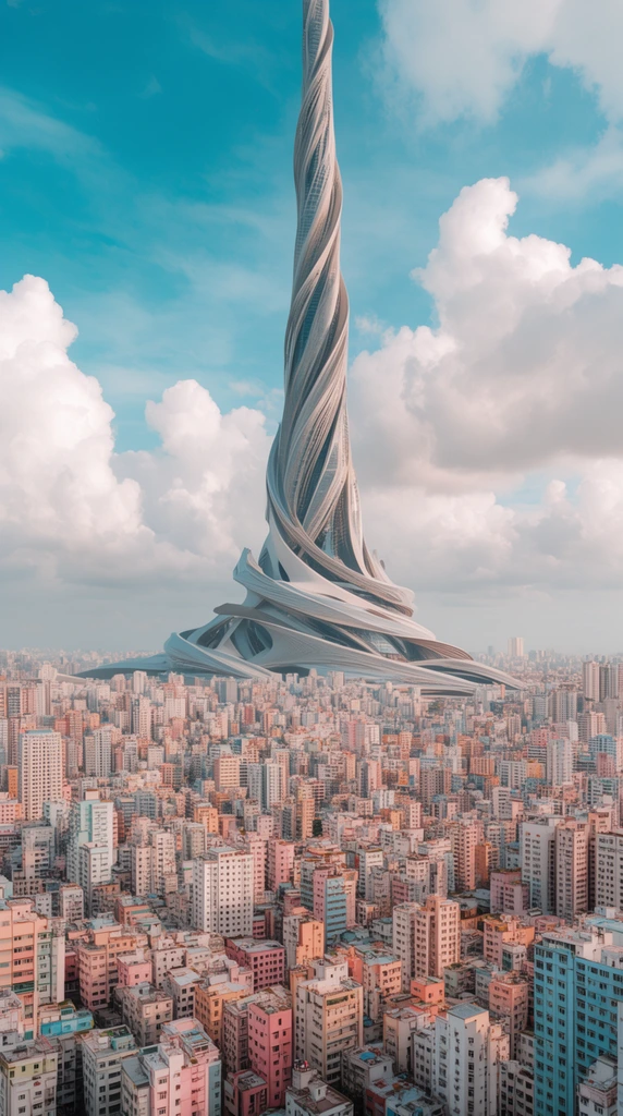gigantic twisting futuristic spire, dense sprawling metropolis, tightly packed pastel mid-rise buildings, bright blue sky, fluffy white clouds, soft daylight, high-angle aerial urban photography