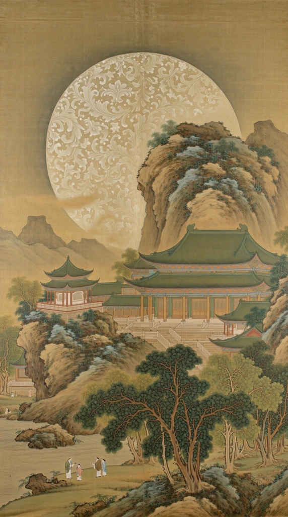 traditional East Asian landscape painting on golden silk, giant pale moon featuring intricate swirling floral damask patterns dominating the sky, grand palace complex with sweeping green tiled roofs nestled in rocky mountains, wooden pillars and stone terraces, smaller pavilion on a leftward crag, lush trees with dark green foliage and gnarled brown trunks, tiny figures conversing by a lower-left river, muted earth tones, olive green, pale gold, fine meticulous brushwork, ethereal atmospheric perspective, classical vertical composition