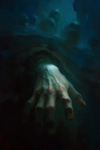 Nocturnal Chiaroscuro Descent style reference image — bioluminescent cyan glow