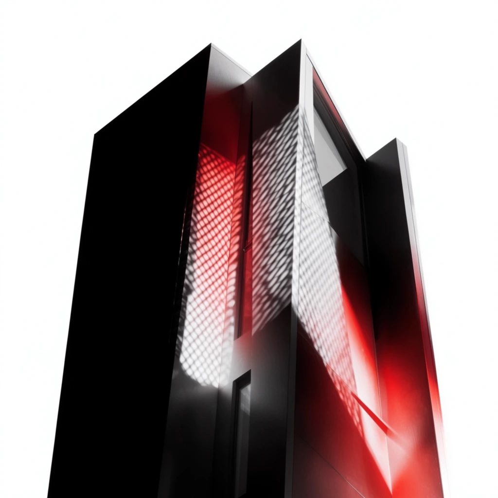 A modern angular building rendered in a stark, high-contrast palette of solid black, brilliant white, and intense crimson red stands isolated against a pure white background. The geometric architecture features sharp, converging structural lines and sheer facades. Extreme chiaroscuro lighting sharply divides the structure, casting one side into pure, opaque black shadow while illuminating the opposite facets in bright white and highly saturated, dramatic red gradients. A sharply defined, intricate diamond-mesh lattice shadow is cast across the lit sections, projecting a precise geometric micro-texture onto the smooth architectural planes. The tightly cropped, dead-center composition isolates the structural form for maximum graphic impact. The hyper-detailed rendering utilizes extreme tonal contrast, precise specular highlights, and an avant-garde aesthetic to create a bold architectural visualization.