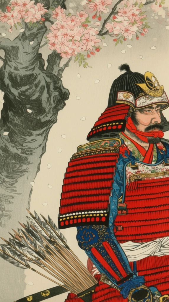 Traditional Japanese woodblock print of a warrior in vibrant red layered armor with a feathered arrow quiver in the lower left. A thick, gnarled tree trunk stands beside delicate cherry blossoms and falling white petals against a pale background.