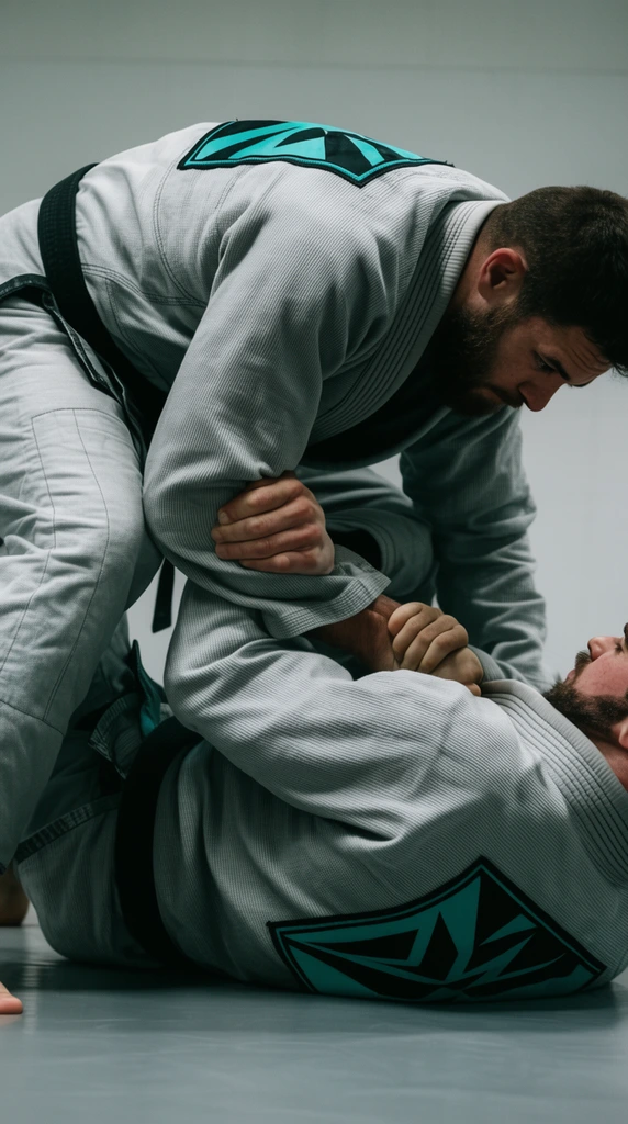 Two martial artists in light grey gis grapple on a smooth grey mat. A bearded man leans forward, tightly gripping the arm of his opponent lying on his back. Both heavy ribbed uniforms feature black belts and large teal and black geometric patches. A tight mid-shot against a plain wall isolates the intricate grip fighting. Cool directional lighting highlights the thick fabric texture and deep shadows, emphasizing the physical tension.