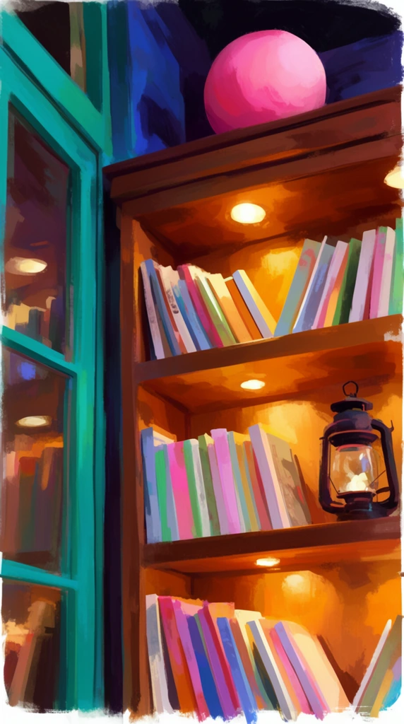 warmly illuminated wooden bookshelf beside a vibrant teal framed glass door, expressive digital painting with visible brushstrokes, glowing recessed lights illuminating brightly colored leaning books, pastel-spined books next to a vintage dark metal lantern on the middle shelf, large pink sphere resting on the cabinet top against a dark background, striking contrast of glowing amber interior lights against cool deep blue and purple shadows, unfinished painterly edges, low angle perspective