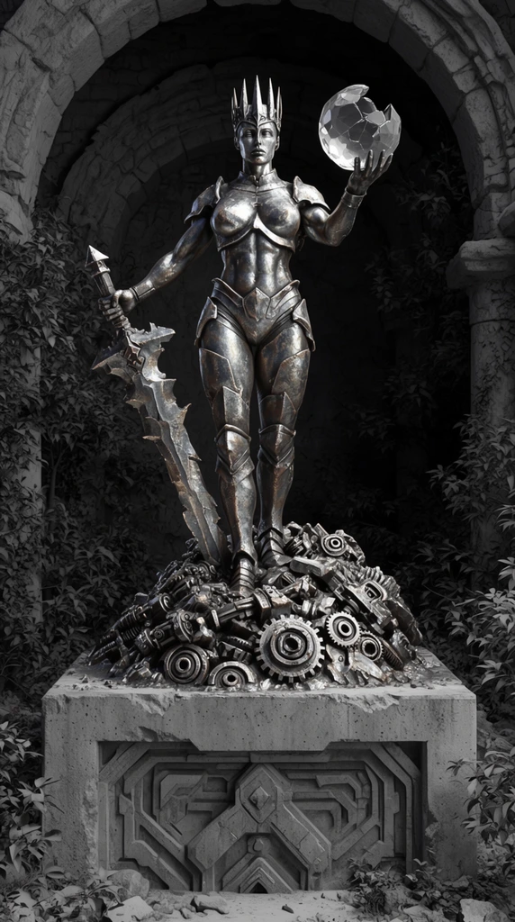 A monumental tarnished silver statue of a muscular female warrior standing atop a mound of shattered mechanical gears. She holds a fractured crystal orb aloft in her left hand and grips a heavy, jagged broadsword in her right. The warrior is outfitted with a spiked crown and segmented plate armor. The sculpture rests on a massive concrete pedestal featuring deep geometric reliefs. The scene is framed by the thick stone arches of an overgrown ruined sanctuary. Rendered in a monochromatic palette, high-contrast directional lighting casts deep shadows and sharp highlights across the intricately textured metallic surfaces.