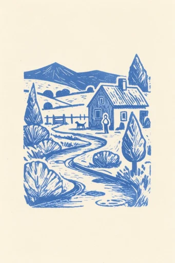 Rustic Artisanal Printmaking style reference image — monochromatic ink illustration