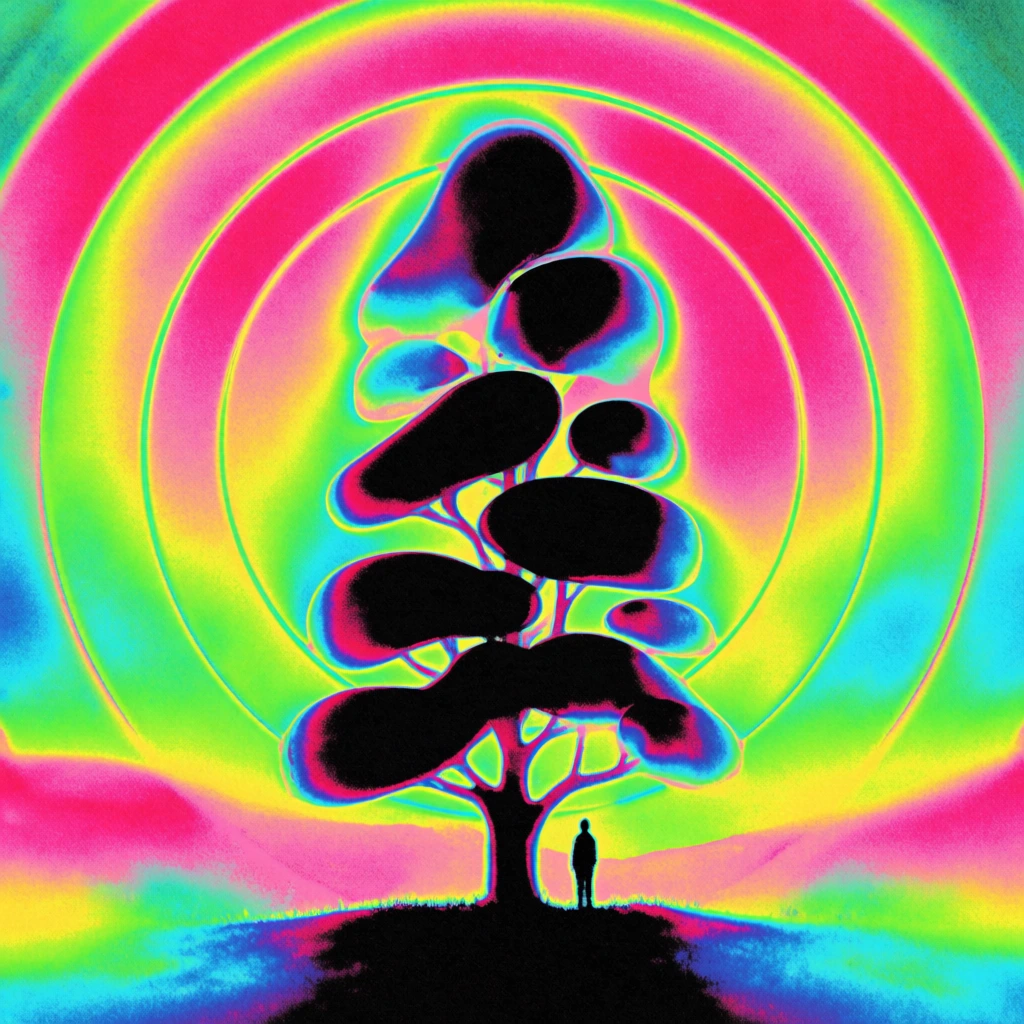central monolithic tree with a tiny person at its base, surrounded by multiple concentric circles, rendered in a psychedelic thermal imaging aesthetic, extreme high-contrast posterization, electric color palette of neon cyan, hot magenta, solar yellow, and radioactive green, grainy digital noise, blooming highlight bleeds, solarized heat-map distortion, chromatic fringes, flat graphic composition, saturated trippy infrared style, lo-fi digital texture, acid-bright dreamscape.