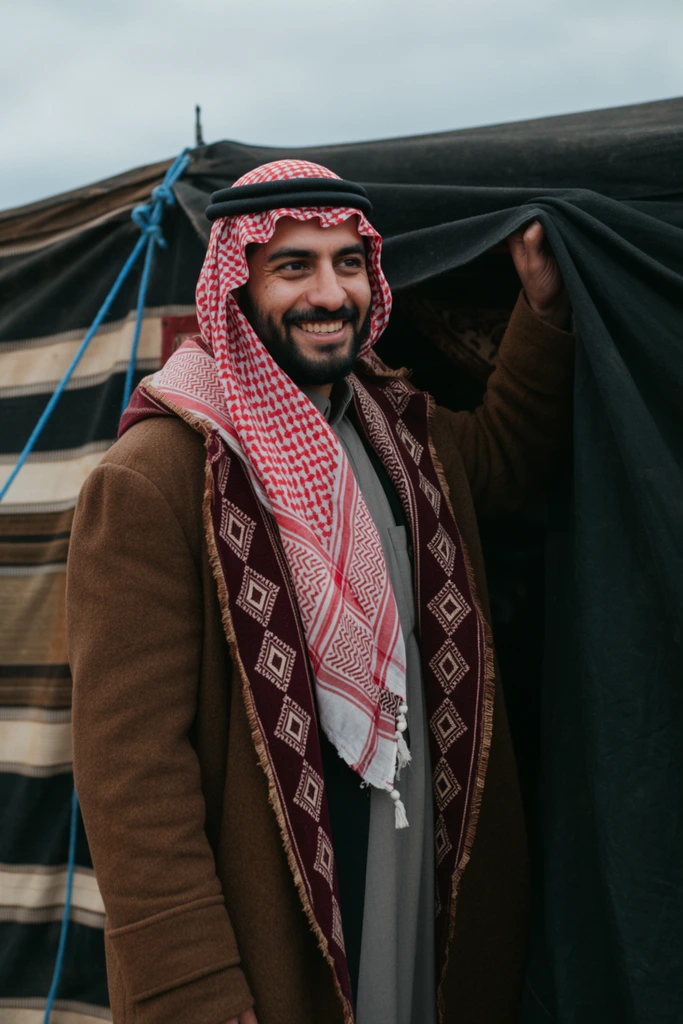 Middle Eastern man smiling off-camera, red and white checkered keffiyeh, black agal, heavy brown overcoat, right hand lifting a black tent flap, burgundy and cream geometric diamond pattern lining with fringes, striped tent exterior, blue rope tied to canvas, overcast sky background, soft diffused daylight, cinematic medium portrait